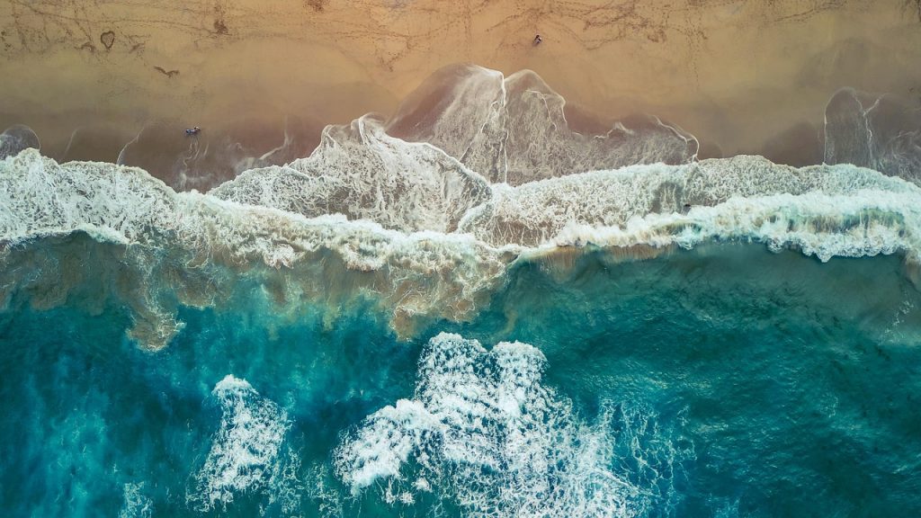 sea, beach, waves, spume, surf, drone, landscape, nature, top view, aerial view