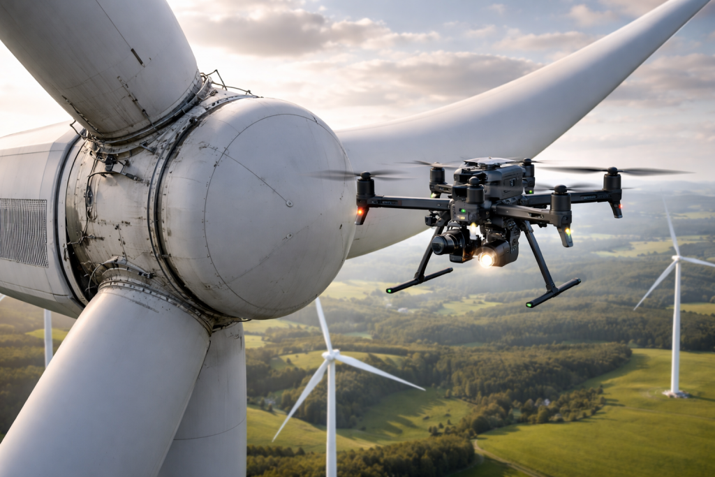 Drohne inspiziert Windturbine bei Sonnenuntergang
